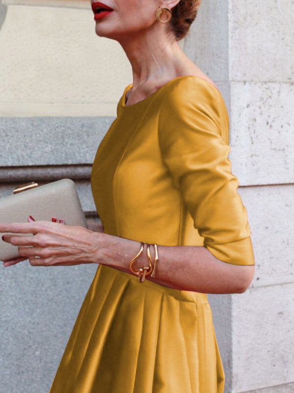 Pleated Pockets Solid Color Split-Joint A-Line Loose Round-Neck Midi Dresses