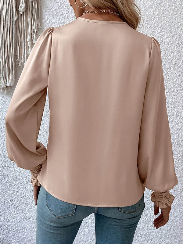 Elasticity Solid Color Long Sleeves Loose V-Neck Blouses&Shirts Tops