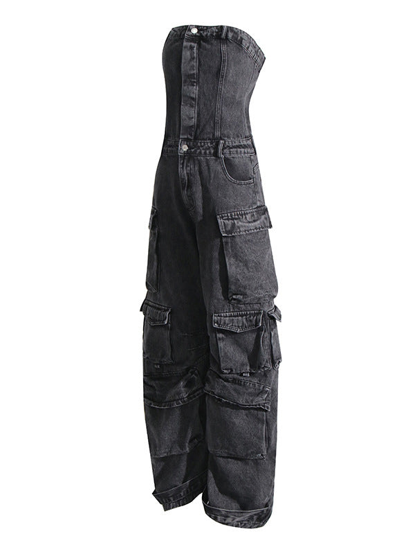 Buttoned Pockets Wide Leg High Waisted Sleeveless Tube Jumpsuits