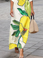 Batwing Sleeves Loose Floral Printed Split-Joint V-Neck Maxi Dresses
