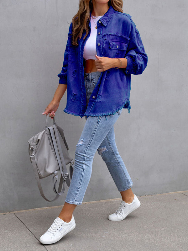 Fringed Pockets Long Sleeves Loose Lapel Outerwear