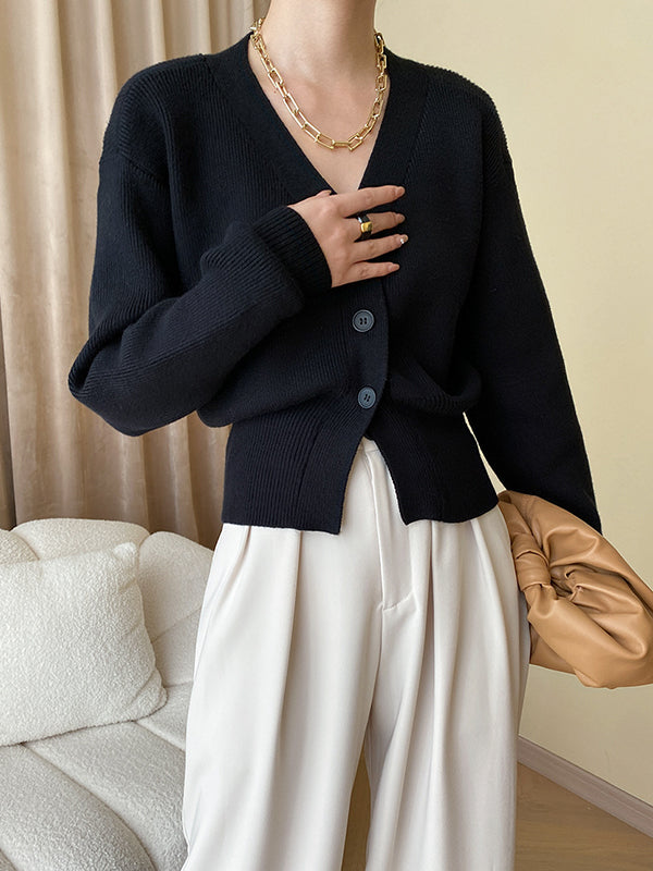 Solid Color Long Sleeves Loose V-Neck Cardigan Tops