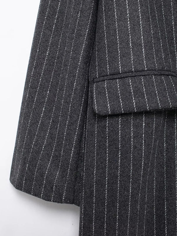 Split-Joint Striped Long Sleeves Loose Lapel Woolen Coat Trench Coats