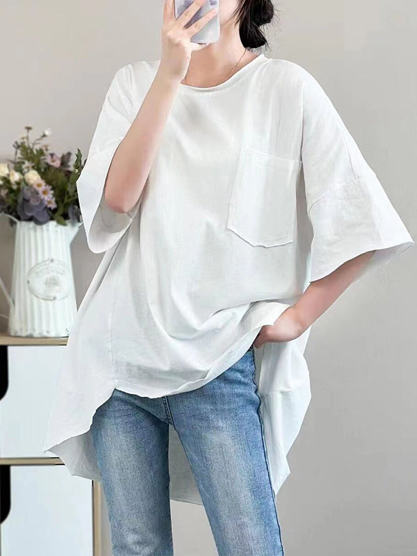 Asymmetric Solid Color Half Sleeves Loose Round-neck T-shirts