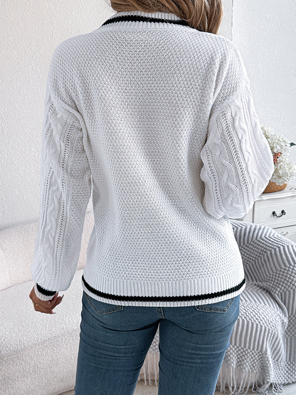 Cable Knit Contrast Color Split-Joint Long Sleeves Puff Sleeves V-Neck Sweater Tops Knit Top