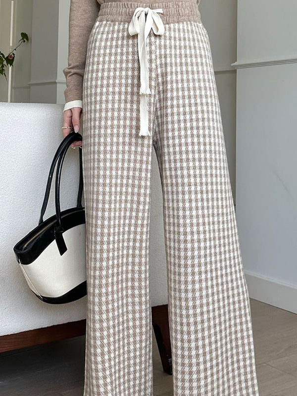 Drawstring Elasticity Plaid High Waisted Loose Trousers Pants