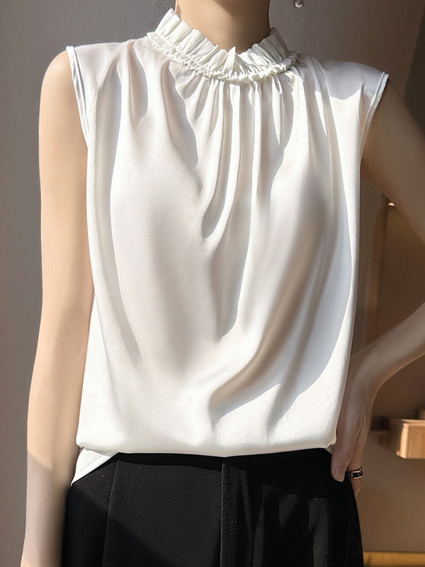 Pleated Ruffle Trim Solid Color Loose Sleeveless Stand Collar Vest Top