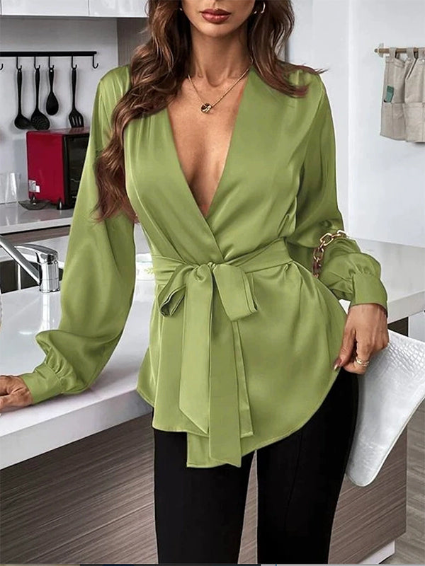 Pleated Solid Color Split-Joint Tied Waist Loose Puff Sleeves V-neck Blouses&shirts Tops