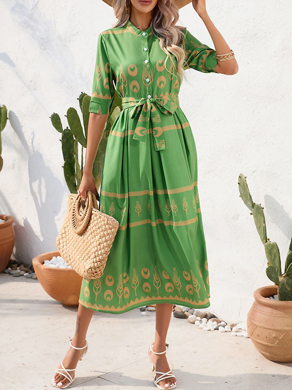 Buttoned Tied Waist A-Line Half Sleeves Lapel Midi Dresses