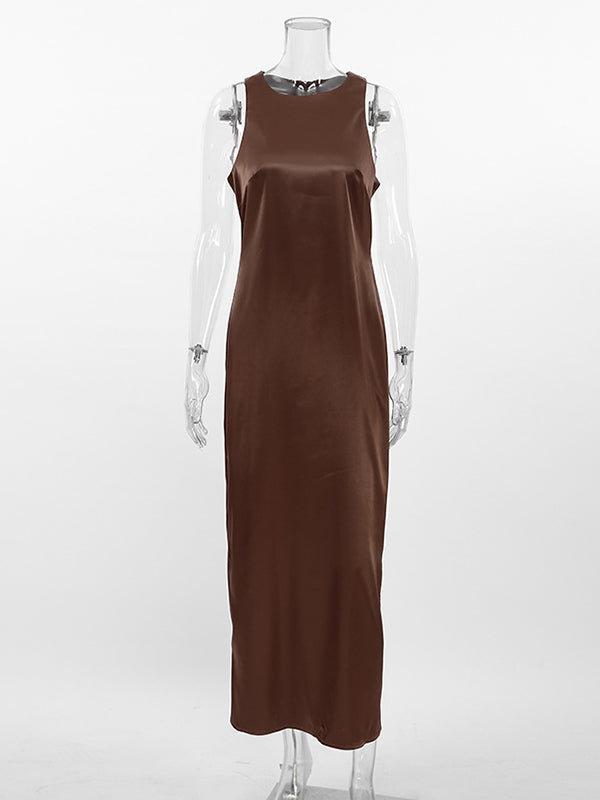 Solid Color Split-back Split-Joint Loose Sleeveless Round-neck Maxi Dresses