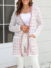 Plaid Pockets Tasseled Long Sleeves Loose Collarless Cardigan Tops