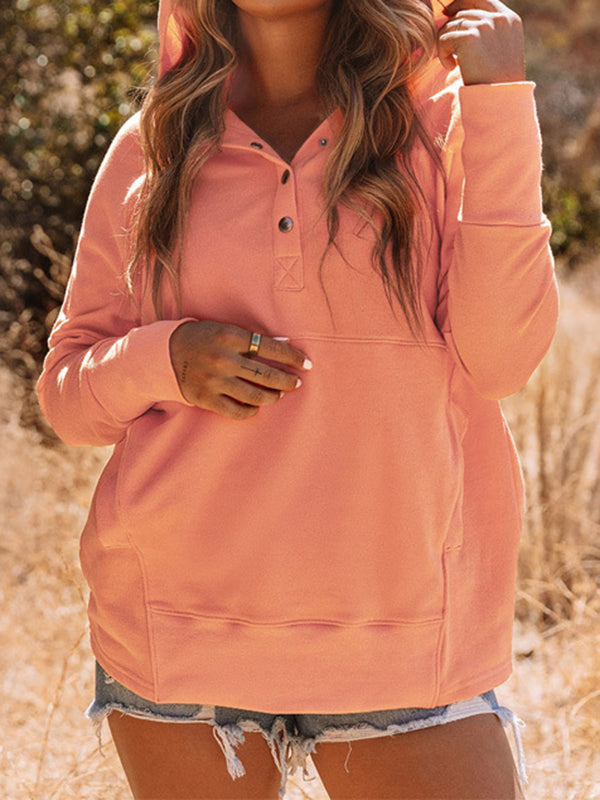 Buttoned Hooded Split-Joint Batwing Sleeves Long Sleeves V-Neck Hoodies Tops