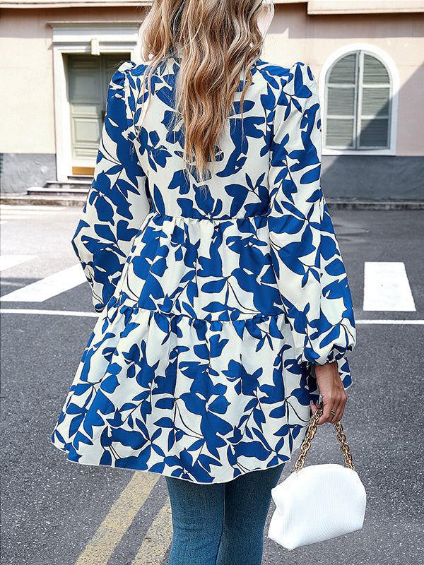 Contrast Color Leaves Print High-Low Loose Lapel Blouses&Shirts Tops