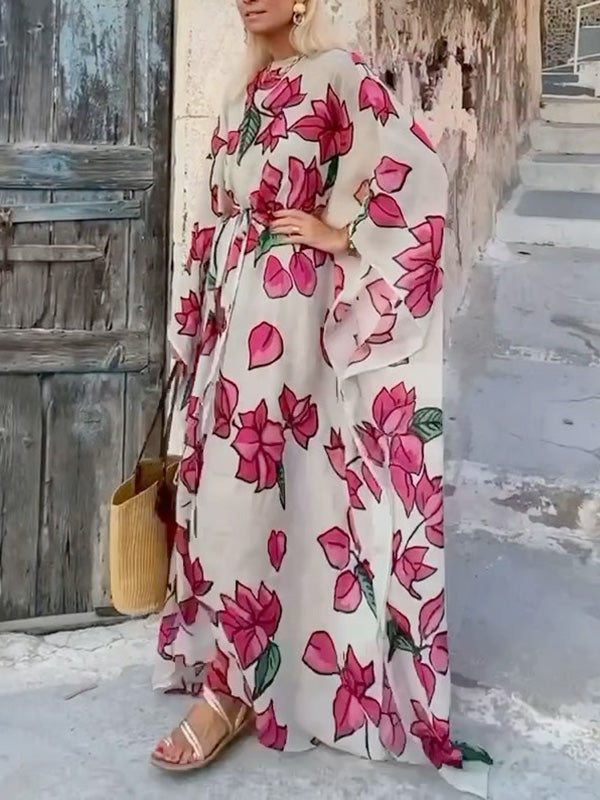 Flower Print Split-Joint Split-side Tied Waist Batwing Sleeves Long Sleeves Round-neck Maxi Dresses