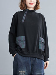 Simple Long Sleeves Loose Split-Joint Solid Color High-Neck Sweatshirt Tops