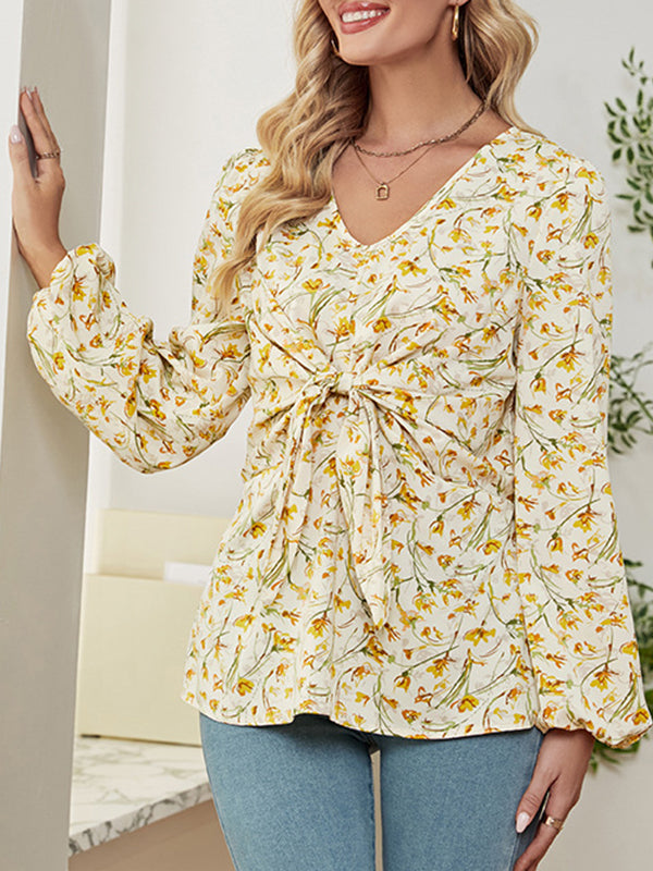 Flower Print Knot Long Sleeves Loose V-Neck Blouses&Shirts Tops