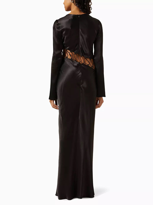 Hollow Solid Color High Waisted Long Sleeves Round-Neck Maxi Dresses