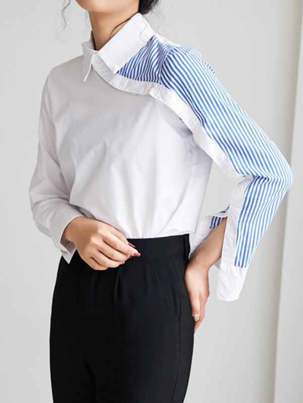 Long Sleeves Irregularity Striped Solid Contrast Color Lapel Collar Blouses