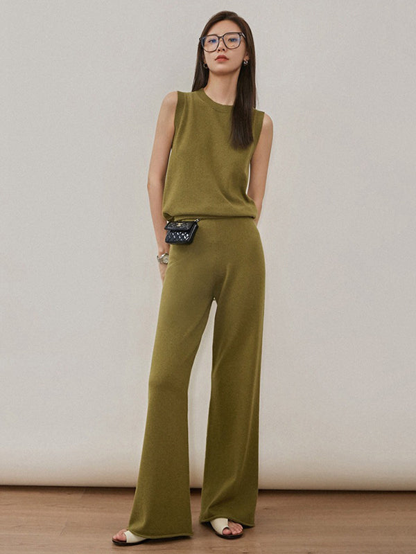 Urban Loose Solid Round-Neck Vest Top& V-Neck Sweater Tops& Wide Leg Pants Three-Piece Set