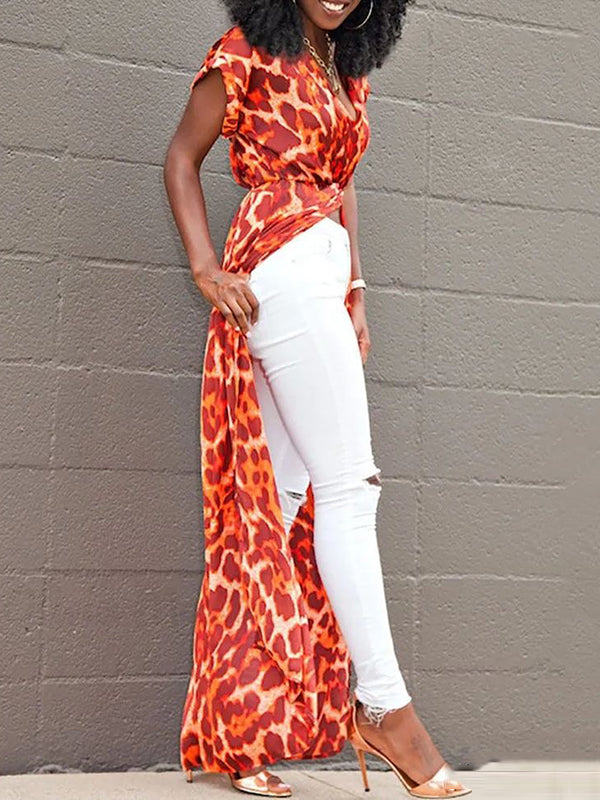 Elasticity Leopard High-Low Loose V-Neck Blouses&Shirts Tops