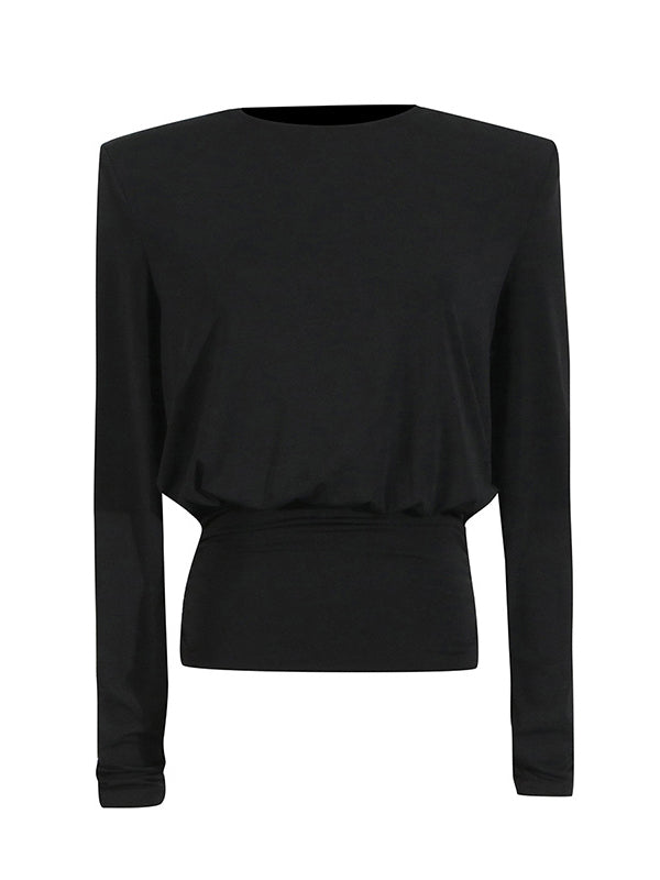 Backless Shoulder Pad Solid Color Long Sleeves Round-Neck Blouses&Shirts Tops
