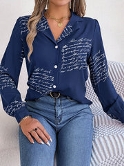 Buttoned Letter Print Long Sleeves Loose Notched Collar Blouses&Shirts Tops