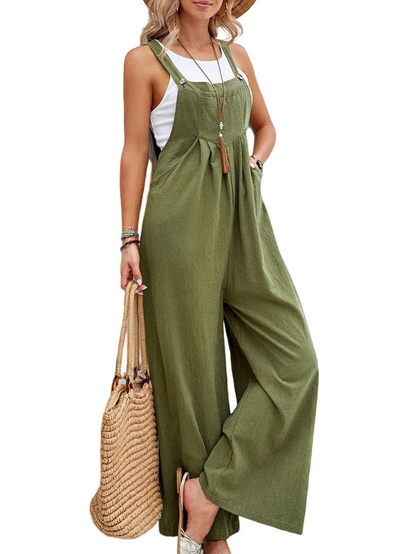 Pleated Split-Joint Loose Plus Size Square-neck Overalls