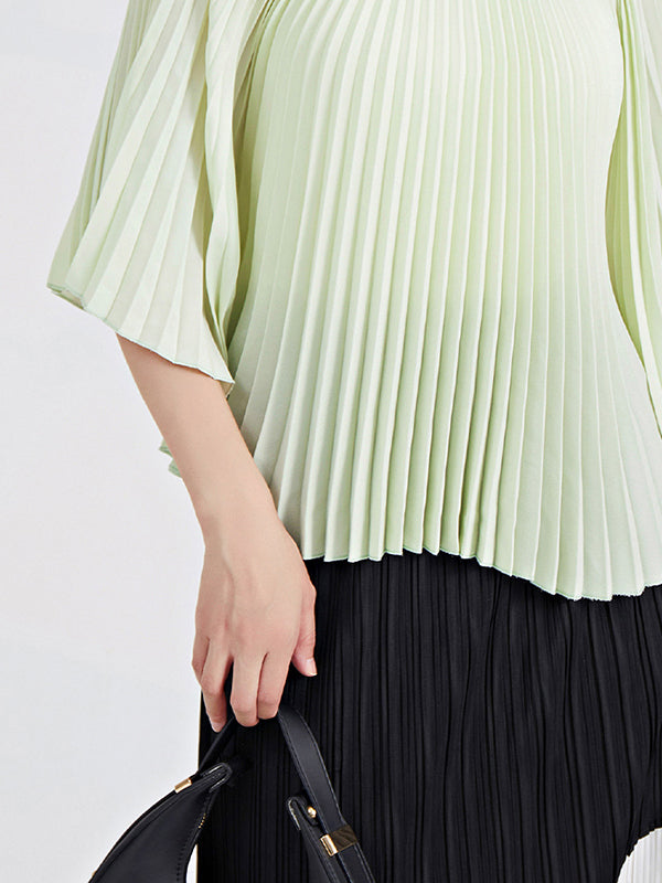 Pleated Solid Color Batwing Sleeves Loose Round-Neck T-Shirts Tops