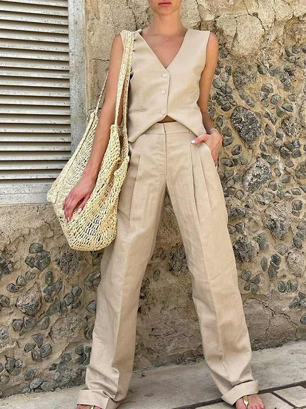 Loose Solid Color Split-Joint V-Neck Top+ Pleated High Waisted Vest Top + Pants Bottom Two Pieces Set