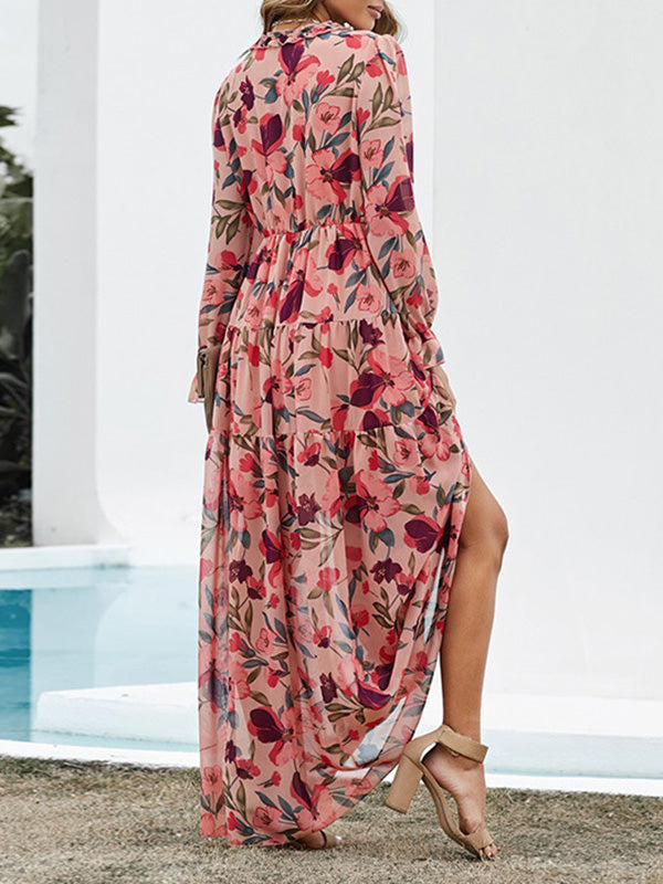 Flower Print Pleated Ruffled High Waisted Long Sleeves V-Neck Maxi Dresses
