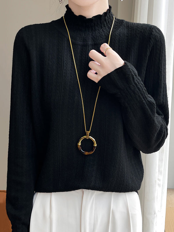 Elasticity Ruffle Trim Solid Color Long Sleeves Loose Mock Neck T-Shirts Tops