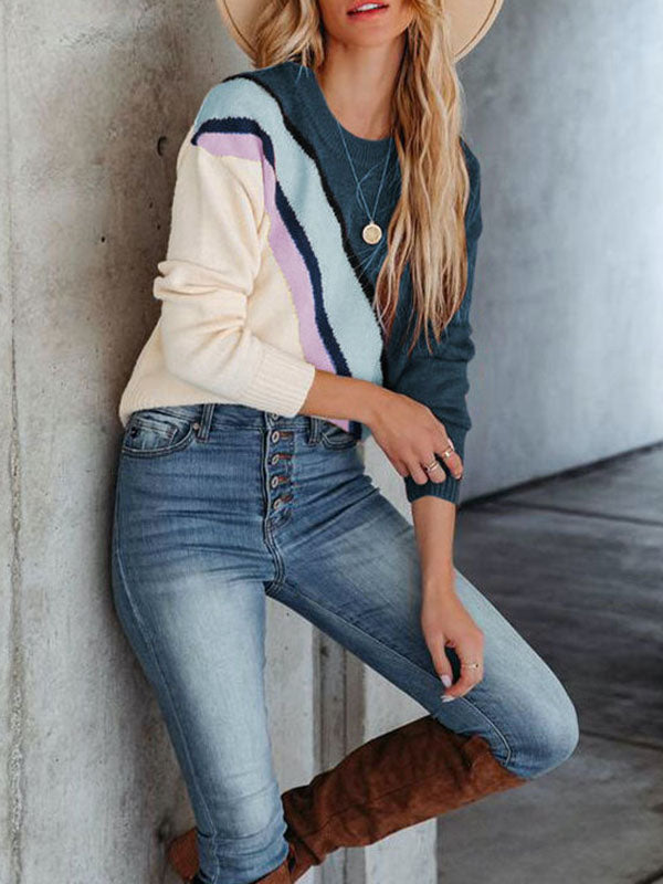 Contrast Color Striped Long Sleeves Round-Neck Sweater Tops Pullovers