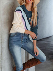 Contrast Color Striped Long Sleeves Round-Neck Sweater Tops Pullovers