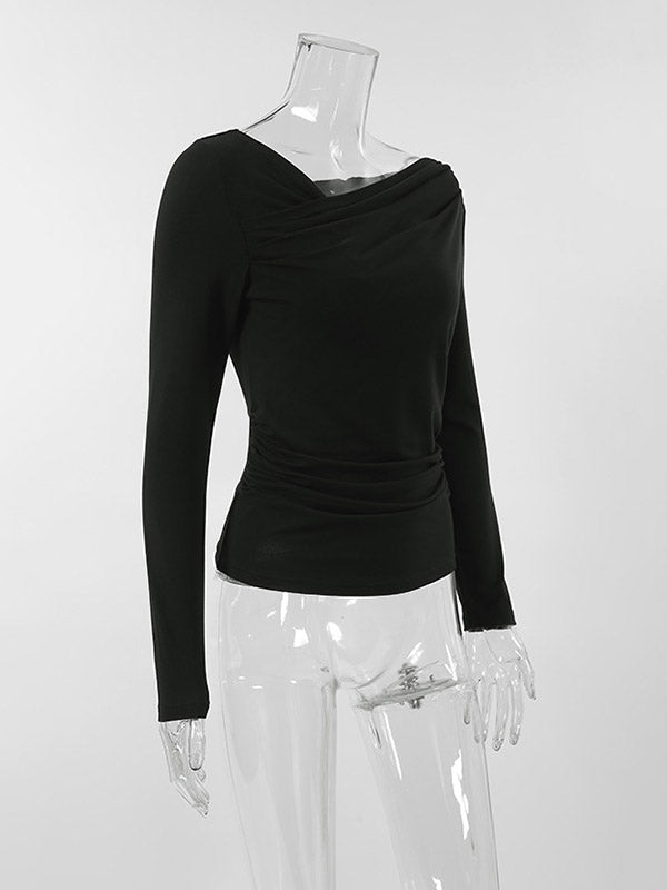 Asymmetric Solid Color Long Sleeves Skinny Asymmetric Collar T-Shirts Tops