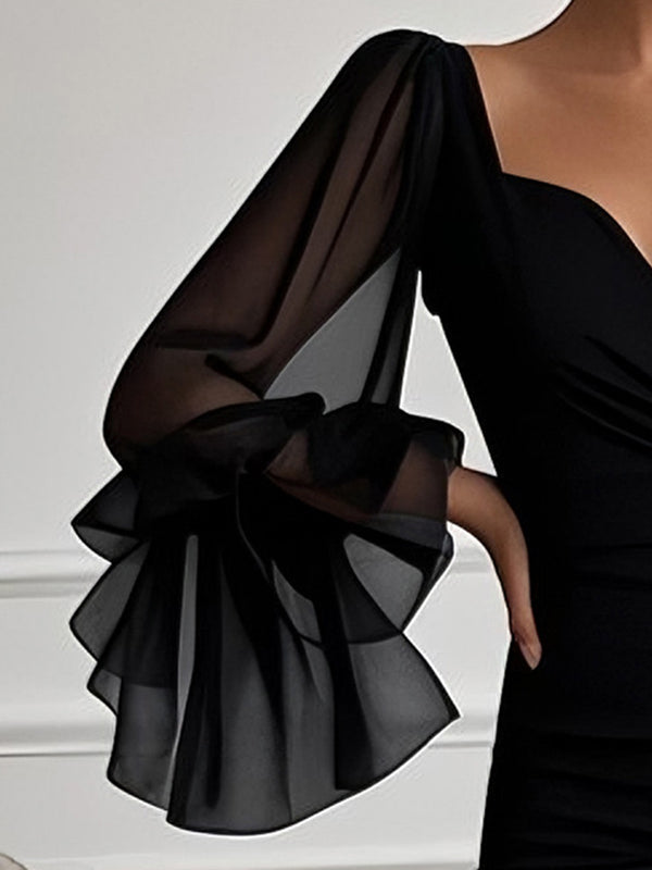 Solid Color Split-side Zipper Flared Sleeves Long Sleeves V-neck Maxi Dresses