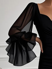 Solid Color Split-side Zipper Flared Sleeves Long Sleeves V-neck Maxi Dresses
