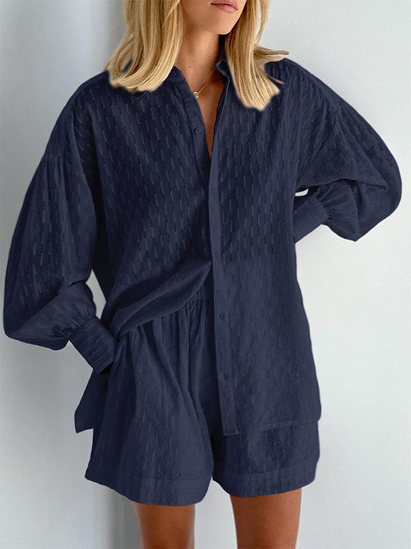 Buttoned Jacquard High-Low Long Sleeves Solid Color Lapel Shirts Top +Shorts Bottom Two Pieces Set