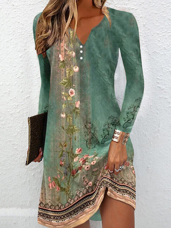 Long Sleeves Loose Floral Printed V-neck Maxi Dresses Mini Dresses