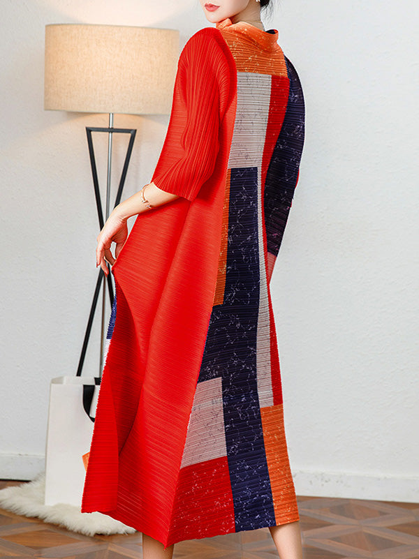 Casual Three-Quarter Sleeves Loose Contrast Color Pleated Stand Collar Midi Dresses