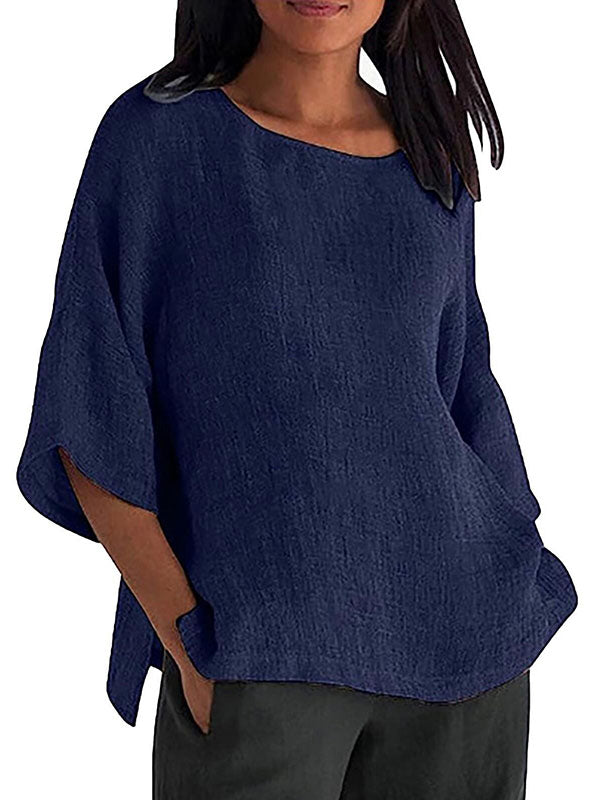 Solid Color Split-Joint Split-Side Linen Three-Quarter Sleeves Round-Neck T-Shirts Tops