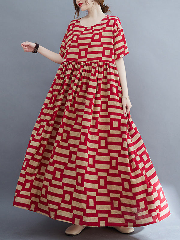 Plaid Loose Short Sleeves Round-Neck Midi Dresses