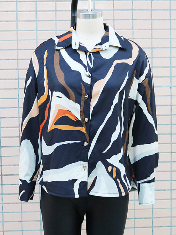 Buttoned Printed Long Sleeves Loose Lapel Blouses&Shirts Tops