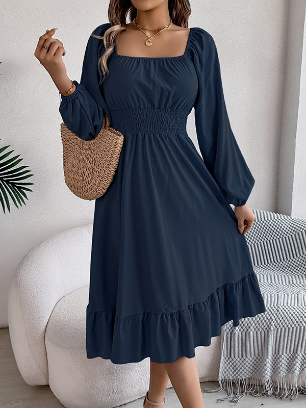 Pleated Ruffled Solid Color A-Line Elasticated Waist Square-Neck Midi Dresses