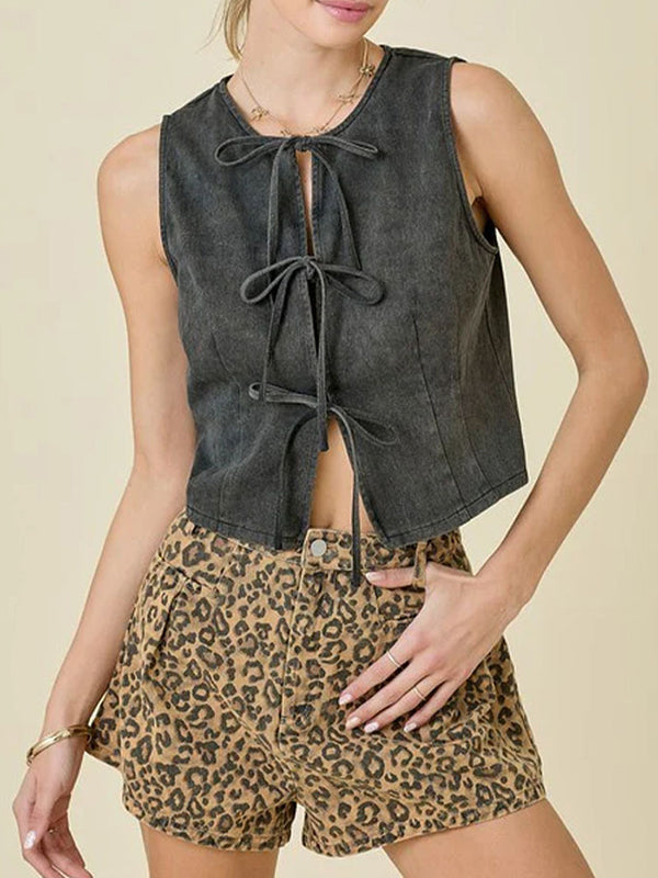 Lace-Up Split-Joint Loose Sleeveless Round-Neck Vest Top