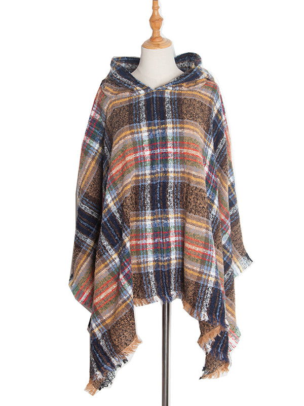 Fringed Hooded Keep Warm Plaid Shawl&Cloak Cape