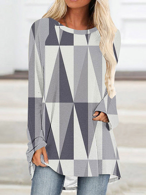 Plaid Printed High-low Long Sleeves Round-neck T-Shirts Tops