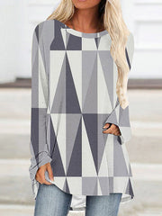 Plaid Printed High-low Long Sleeves Round-neck T-Shirts Tops