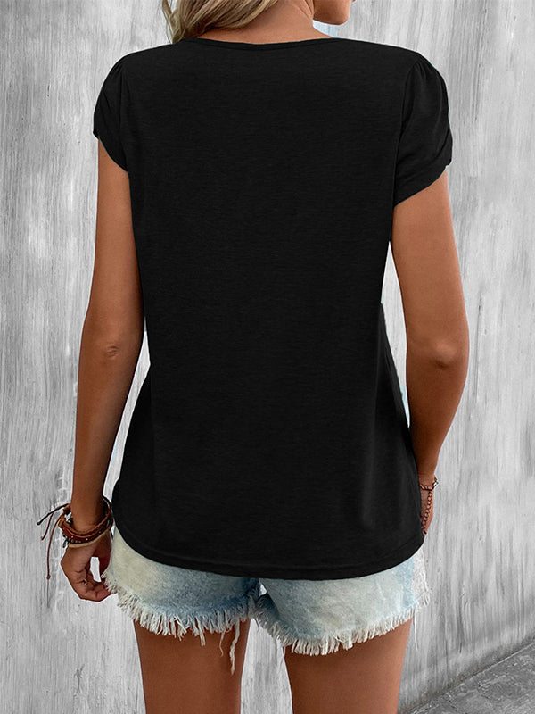 Solid Color Loose Short Sleeves V-neck T-Shirts Tops