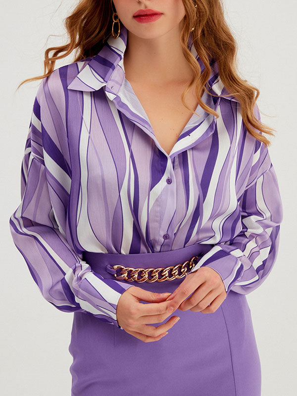 Contrast Color Striped Long Sleeves Loose Lapel Blouses