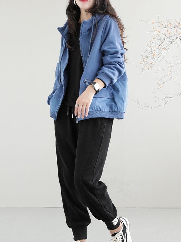 Artistic Retro Loose Long Sleeves Solid Color Zipper Hooded Outerwear